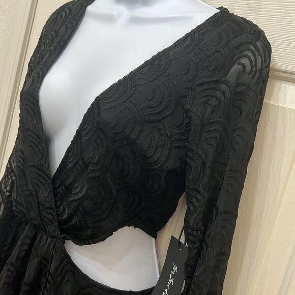 For Love And Lemons Black Cut Out Flared Cocktail Dress VNeck Long Sleeve Mini - Picture 8 of 15